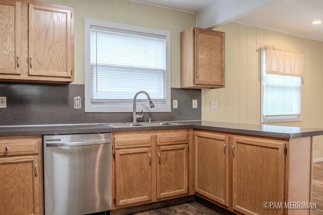 8220 Indian Shores Dr, Howard City, MI 49329 - kitchen with stainless steel dishwasher, a sink, a peninsula, dark countertops, and crown molding