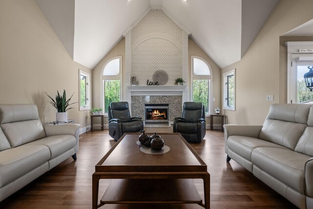 4624 Parman Rd, Stockbridge, MI 49285 - living area with lofted ceiling, healthy amount of natural light, wood finished floors, and a warm lit fireplace