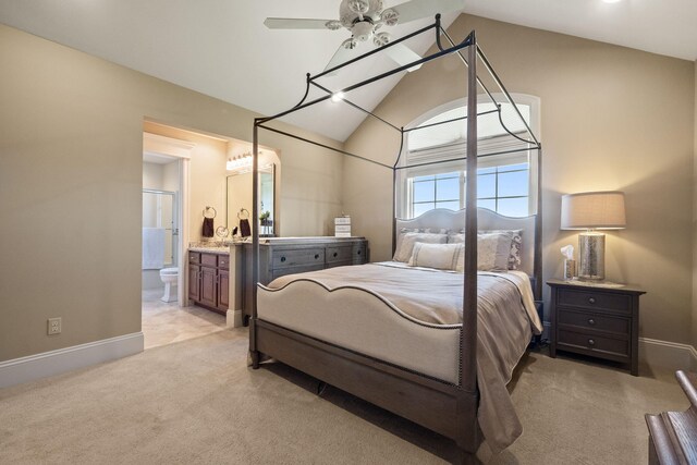 4624 Parman Rd, Stockbridge, MI 49285 - bedroom featuring light carpet, lofted ceiling, connected bathroom, and baseboards