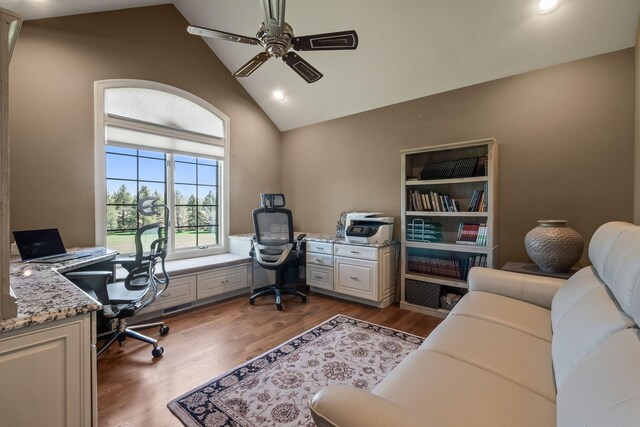 4624 Parman Rd, Stockbridge, MI 49285 - office area with a ceiling fan, wood finished floors, recessed lighting, and high vaulted ceiling