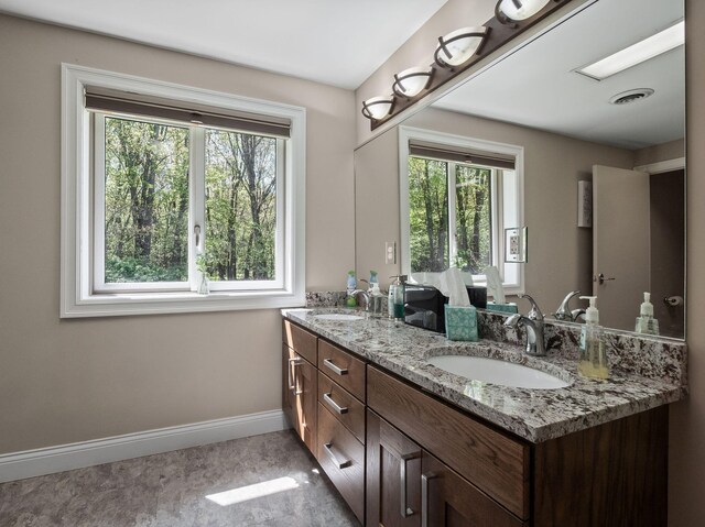 4624 Parman Rd, Stockbridge, MI 49285 - bathroom with healthy amount of natural light, baseboards, and double vanity