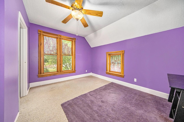 237 E Main St, Milan, MI 48160 - additional living space with carpet, baseboards, ceiling fan, lofted ceiling, and a textured ceiling