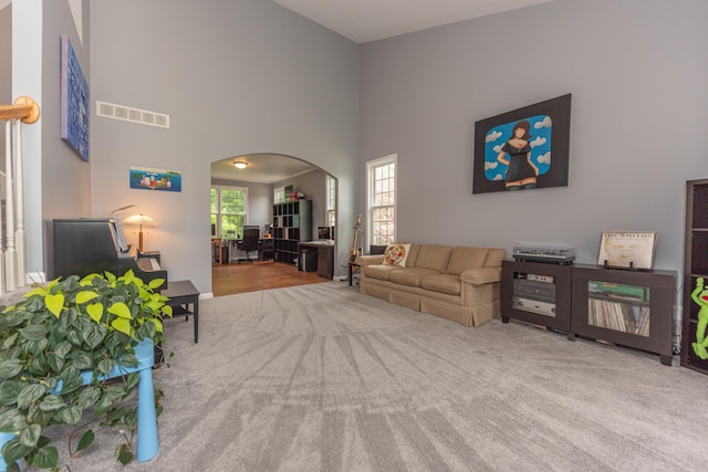 1218 Waterways Dr, Ann Arbor, MI 48108 - living area with arched walkways, carpet floors, and a high ceiling