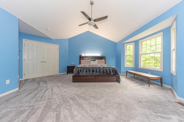 1218 Waterways Dr, Ann Arbor, MI 48108 - bedroom featuring vaulted ceiling, carpet, baseboards, and a ceiling fan