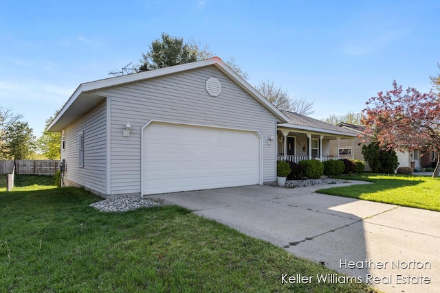 ranch-style house with a garage, a porch, and concrete driveway