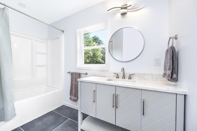 1435 Harpst St, Ann Arbor, MI 48104 - bathroom with tile patterned floors, vanity, and shower / bathtub combination with curtain