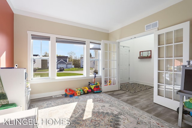 9235 Bigleaf Dr, West Olive, MI 49460 - recreation room featuring french doors, wood finished floors, and baseboards