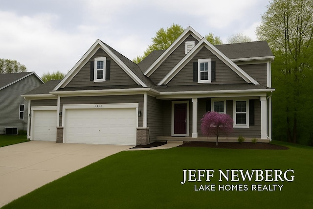 traditional-style house with central AC unit, covered porch, driveway, an attached garage, and a front lawn