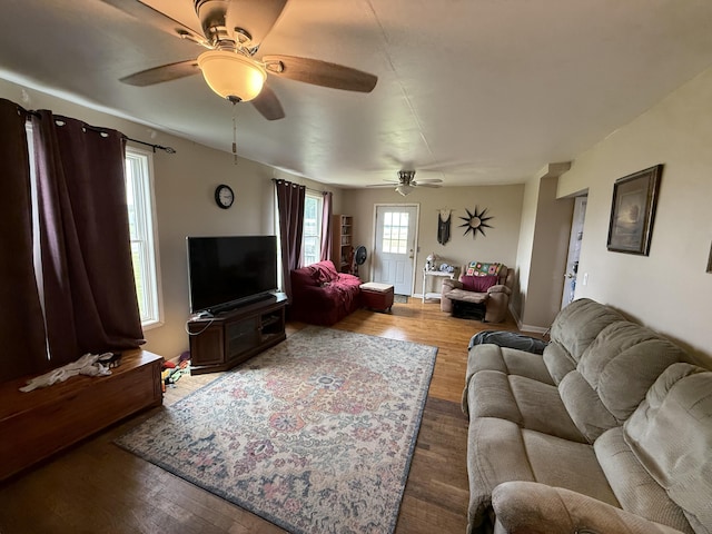 22011 Springer, Vicksburg, MI 49097 - living room featuring ceiling fan, wood finished floors, and baseboards