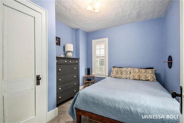 bedroom with carpet, a textured ceiling, and baseboards