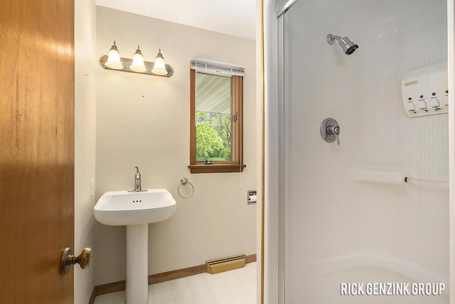 28 W 34th St, Holland, MI 49423 - bathroom with a stall shower, tile patterned floors, baseboards, and a sink