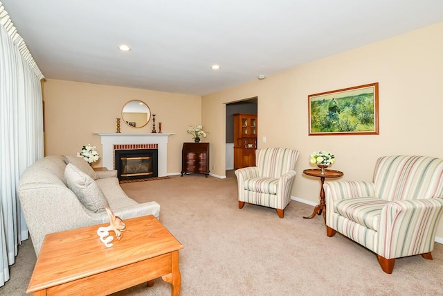 2707 Lomond Dr, Kalamazoo, MI 49008 - living room featuring light carpet, baseboards, a brick fireplace, and recessed lighting