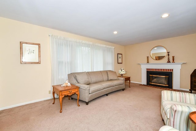 2707 Lomond Dr, Kalamazoo, MI 49008 - living room with baseboards, light carpet, a fireplace, and recessed lighting
