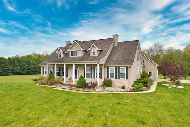 3725 S Creek Ln, Dryden, MI 48428 - cape cod home featuring a chimney, covered porch, a front lawn, and a shingled roof