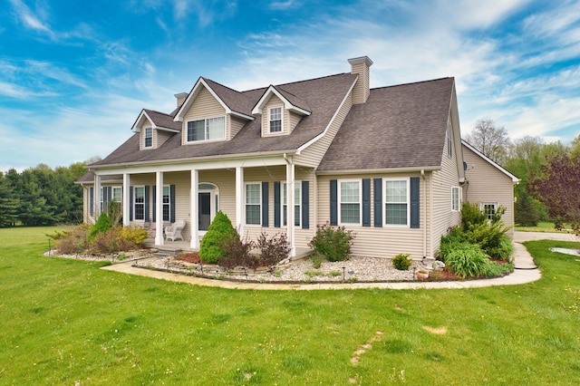3725 S Creek Ln, Dryden, MI 48428 - cape cod home featuring a chimney, a front lawn, covered porch, and roof with shingles