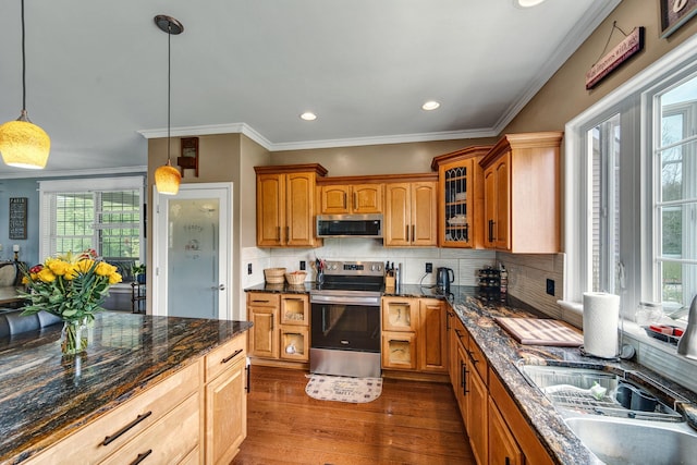 3725 S Creek Ln, Dryden, MI 48428 - kitchen featuring stainless steel appliances, ornamental molding, glass insert cabinets, dark wood-style floors, and hanging light fixtures