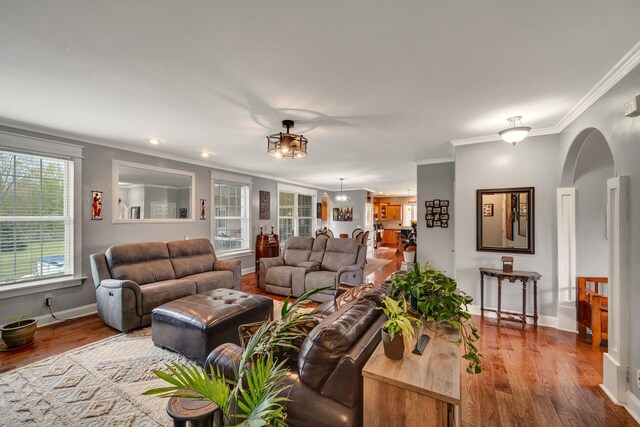 3725 S Creek Ln, Dryden, MI 48428 - living room with crown molding, wood finished floors, baseboards, and arched walkways