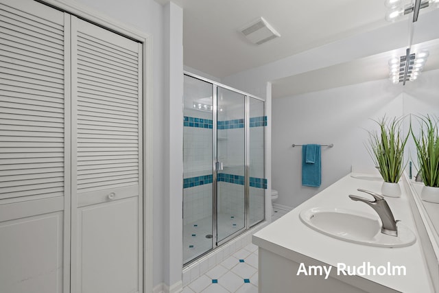 1995 W Glen Ct, Norton Shores, MI 49441 - bathroom with a shower stall, a closet, double vanity, and toilet