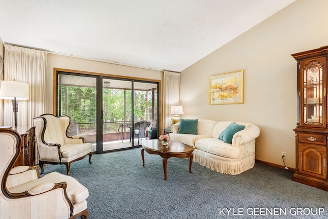 living area with carpet and lofted ceiling