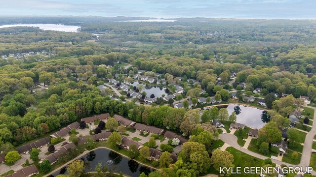 drone / aerial view of a large body of water and a forest