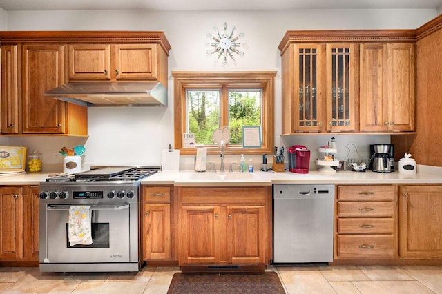 16431 Glassman Rd, Union Pier, MI 49129 - kitchen featuring appliances with stainless steel finishes, a sink, ventilation hood, and light countertops