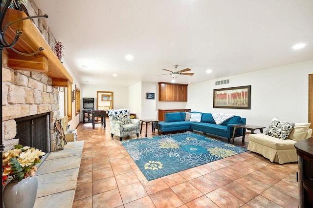 16431 Glassman Rd, Union Pier, MI 49129 - living room featuring ceiling fan, recessed lighting, a fireplace, and light tile patterned floors