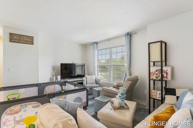 living area with a textured ceiling
