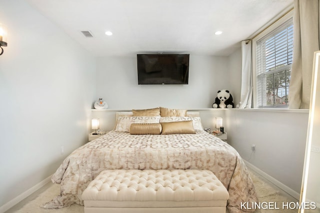 bedroom with carpet, baseboards, and recessed lighting