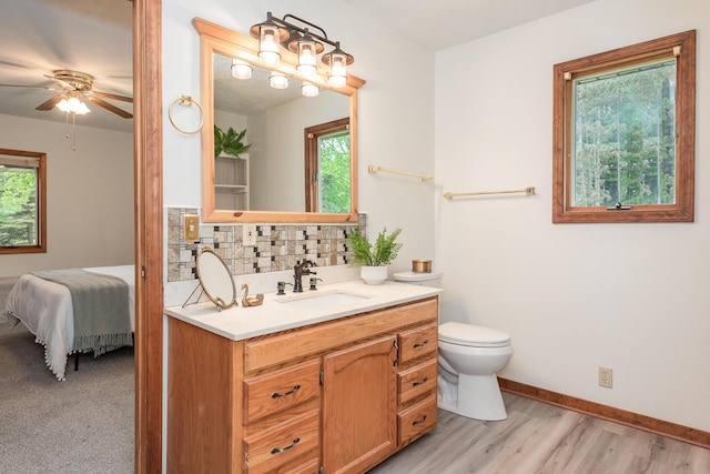 16436 45th Ave, Barryton, MI 49305 - ensuite bathroom featuring vanity, plenty of natural light, tasteful backsplash, and a ceiling fan