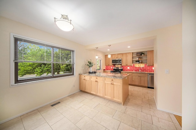 1 Northwick Ct, Ann Arbor, MI 48105 - kitchen with stainless steel appliances, a peninsula, light brown cabinetry, and open shelves