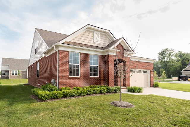 50305 Thatcher St, Canton, MI 48188 - view of front of house with brick siding, a garage, a front lawn, concrete driveway, and a shingled roof