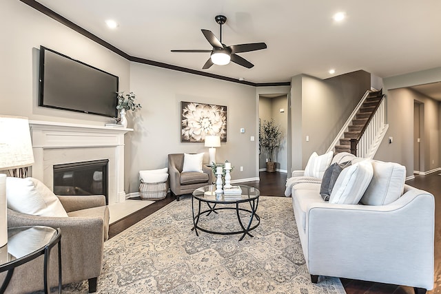 50305 Thatcher St, Canton, MI 48188 - living area with a ceiling fan, stairs, baseboards, recessed lighting, and wood finished floors