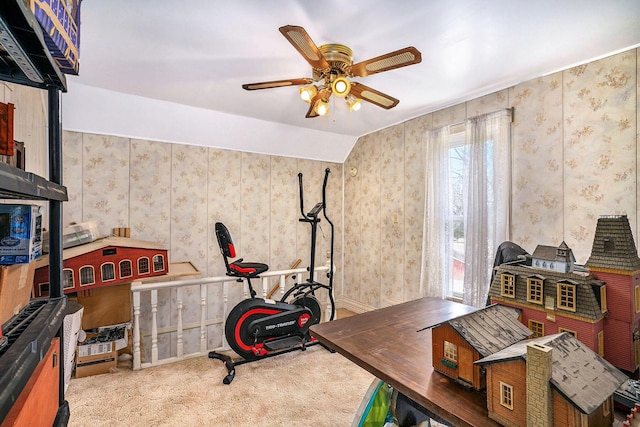 2640 Terminal St, Niles, MI 49120 - rec room featuring carpet floors, wallpapered walls, and ceiling fan