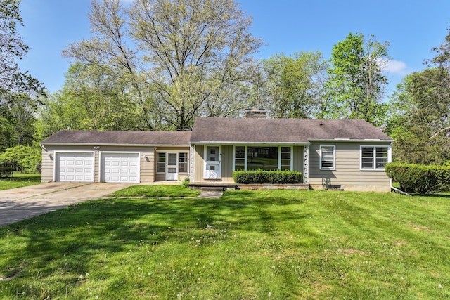 single story home featuring an attached garage, a chimney, driveway, and a front yard