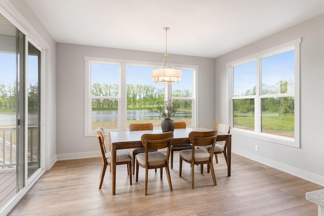 9156 Perry Ct Lot C, Lot C, Zeeland, MI 49464 - dining space featuring baseboards, a chandelier, light wood-type flooring, and a water view