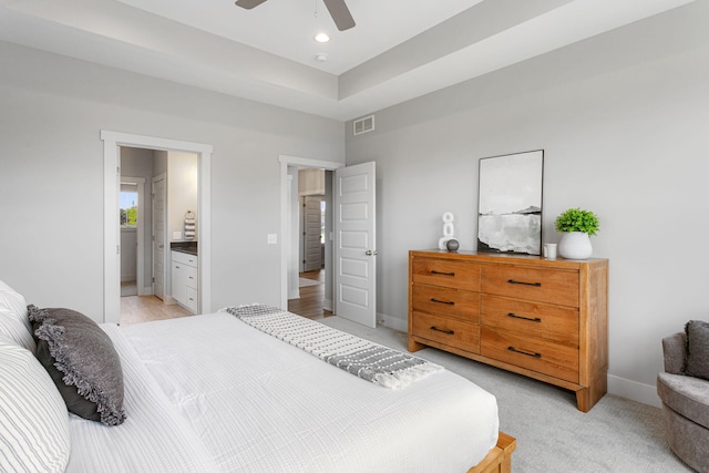 9156 Perry Ct Lot C, Lot C, Zeeland, MI 49464 - bedroom featuring baseboards, light colored carpet, connected bathroom, and ceiling fan