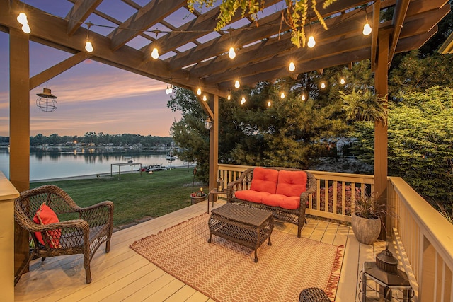 1256 Barron Lake Rd, Niles, MI 49120 - deck featuring a water view, a yard, and a pergola