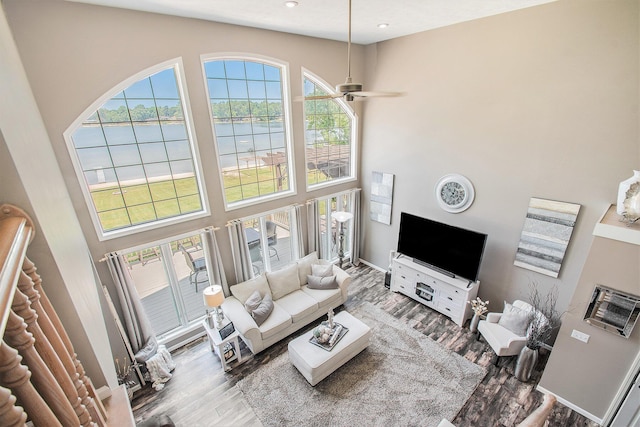 1256 Barron Lake Rd, Niles, MI 49120 - living area with a high ceiling, wood finished floors, recessed lighting, and ceiling fan