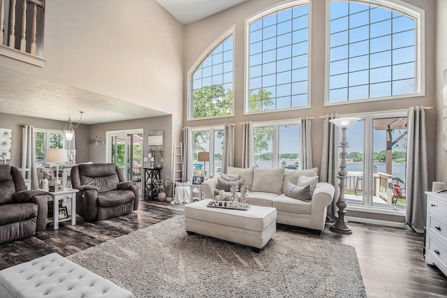 1256 Barron Lake Rd, Niles, MI 49120 - living room featuring a water view, dark wood-style floors, and a towering ceiling