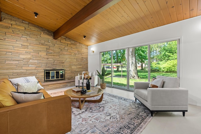 520 N W St, Coloma, MI 49038 - tiled living area featuring wood ceiling and a fireplace