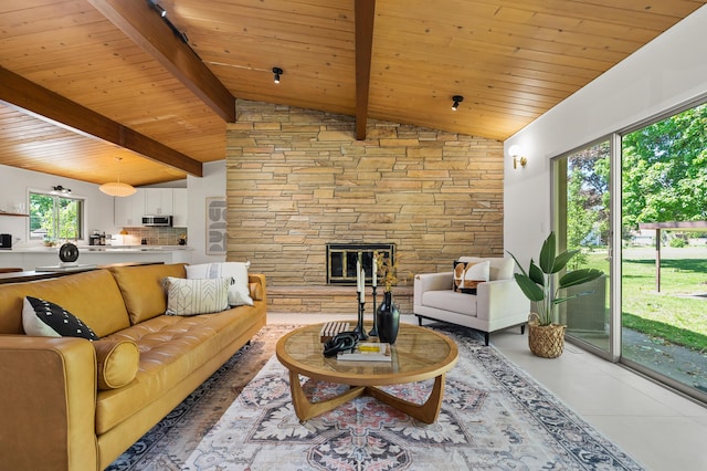 520 N W St, Coloma, MI 49038 - living room featuring wooden ceiling and a fireplace