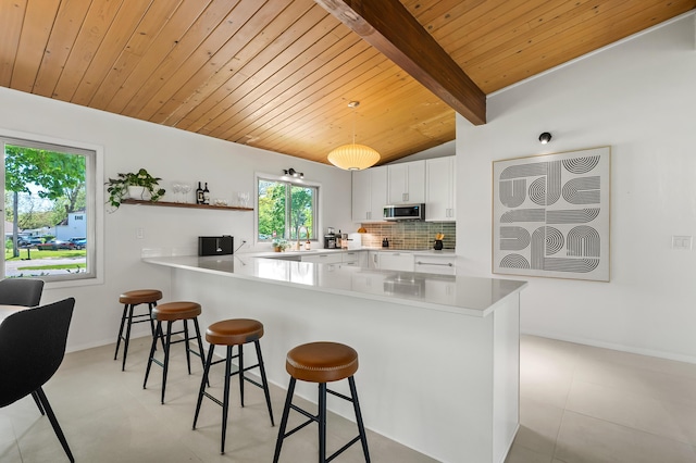 520 N W St, Coloma, MI 49038 - kitchen with stainless steel microwave, wood ceiling, a kitchen bar, white cabinetry, and a sink