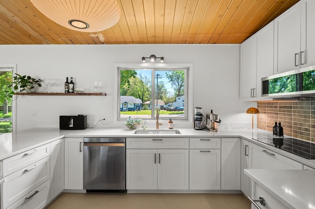 520 N W St, Coloma, MI 49038 - kitchen featuring stainless steel appliances, plenty of natural light, wood ceiling, a sink, and backsplash