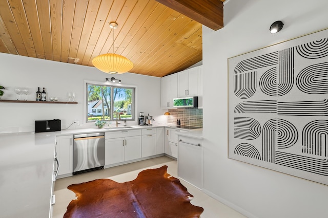 520 N W St, Coloma, MI 49038 - kitchen with stainless steel appliances, a sink, white cabinetry, tasteful backsplash, and wooden ceiling