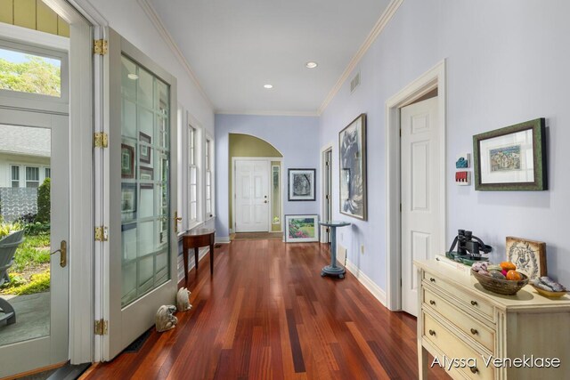 404 N Shore Dr, South Haven, MI 49090 - hallway with arched walkways, baseboards, dark wood-type flooring, crown molding, and recessed lighting