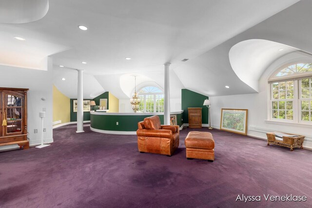 404 N Shore Dr, South Haven, MI 49090 - sitting room featuring carpet, lofted ceiling, a chandelier, baseboards, and recessed lighting