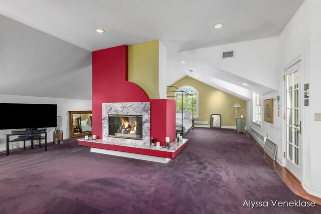 404 N Shore Dr, South Haven, MI 49090 - unfurnished living room featuring vaulted ceiling, a high end fireplace, carpet flooring, recessed lighting, and baseboards