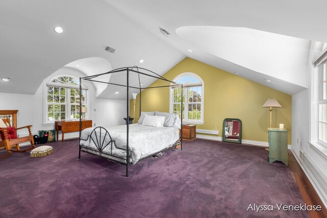 404 N Shore Dr, South Haven, MI 49090 - bedroom with vaulted ceiling, carpet floors, multiple windows, recessed lighting, and baseboards