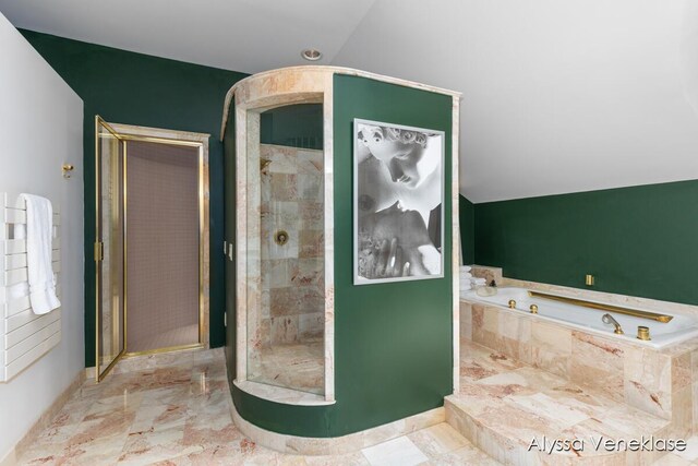404 N Shore Dr, South Haven, MI 49090 - bathroom with a tub with jets, a shower stall, baseboards, and marble finish flooring
