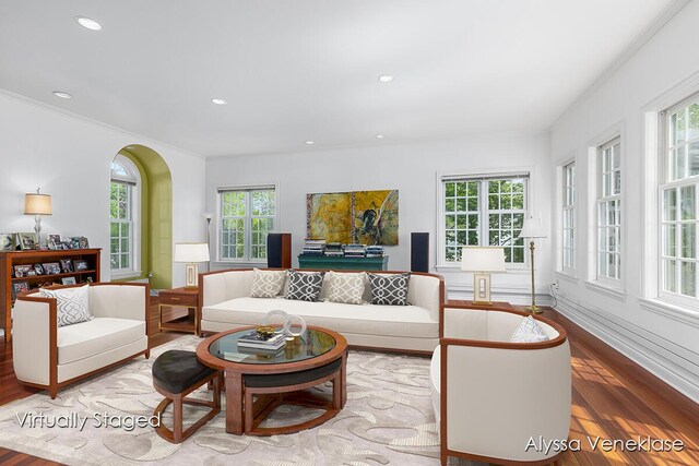 404 N Shore Dr, South Haven, MI 49090 - living area featuring plenty of natural light, wood finished floors, crown molding, and recessed lighting
